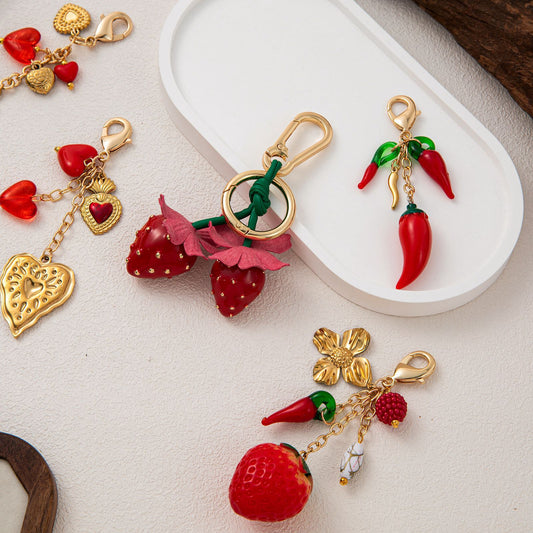Colorful Heart Strawberry and Chili Pepper Alloy Keychain Bag Charm