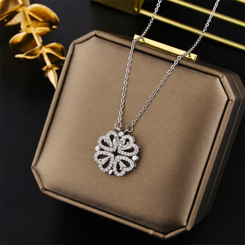 Dainty Heart-Shaped Titanium Steel Necklace with Gold Plating for Women, Four-Leaf Clover Pendant, Water Wave Chain, Elegant Clavicle Jewelry Gift