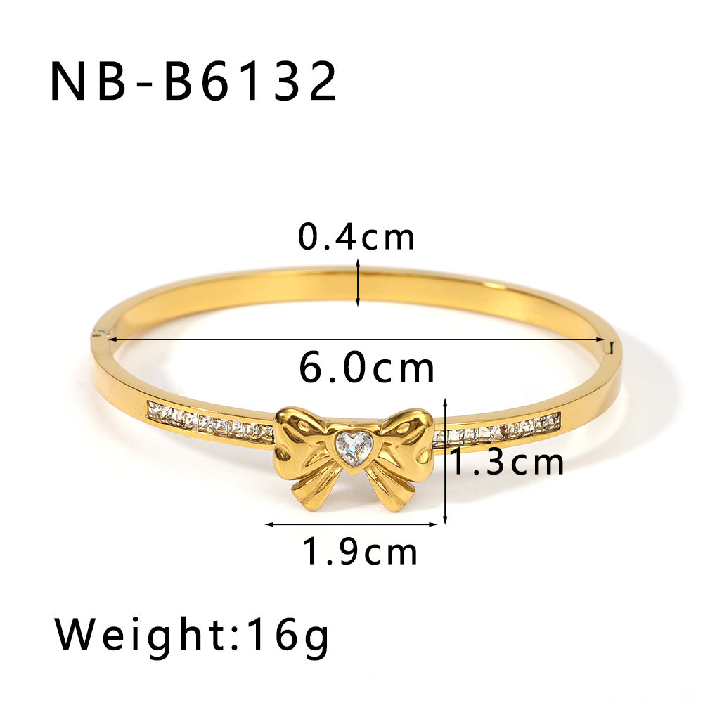 Asymmetrical Bow-Shaped Stainless Steel Bracelet for Women with Zircon Inlay and 18K Gold Plating