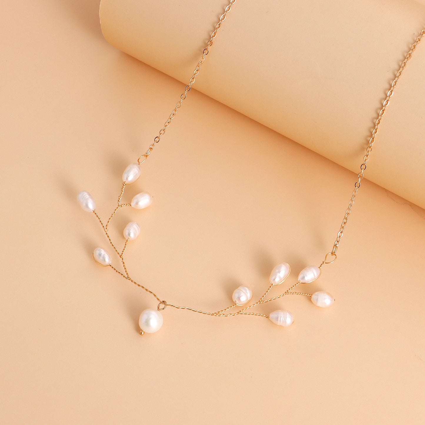 Minimalist Handwoven Branch-Shaped Alloy Necklace with Freshwater Pearl Pendant for Women