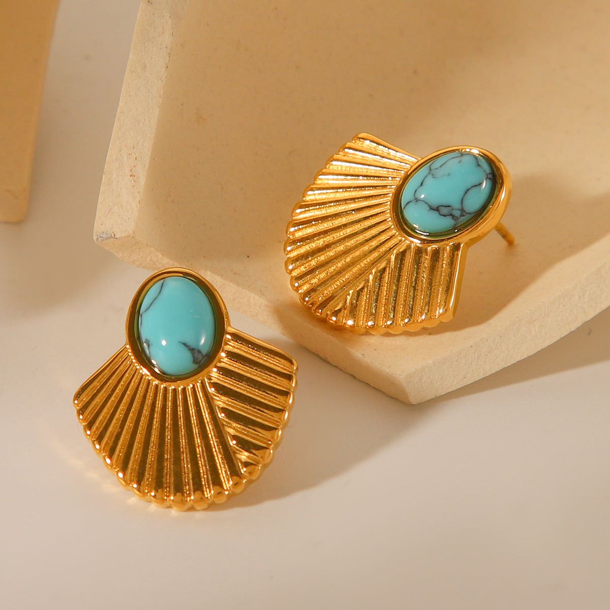 Vintage French Style 18K Gold Plated Titanium Steel Fan Shaped Geometric Earrings with Turquoise Inlay for Women