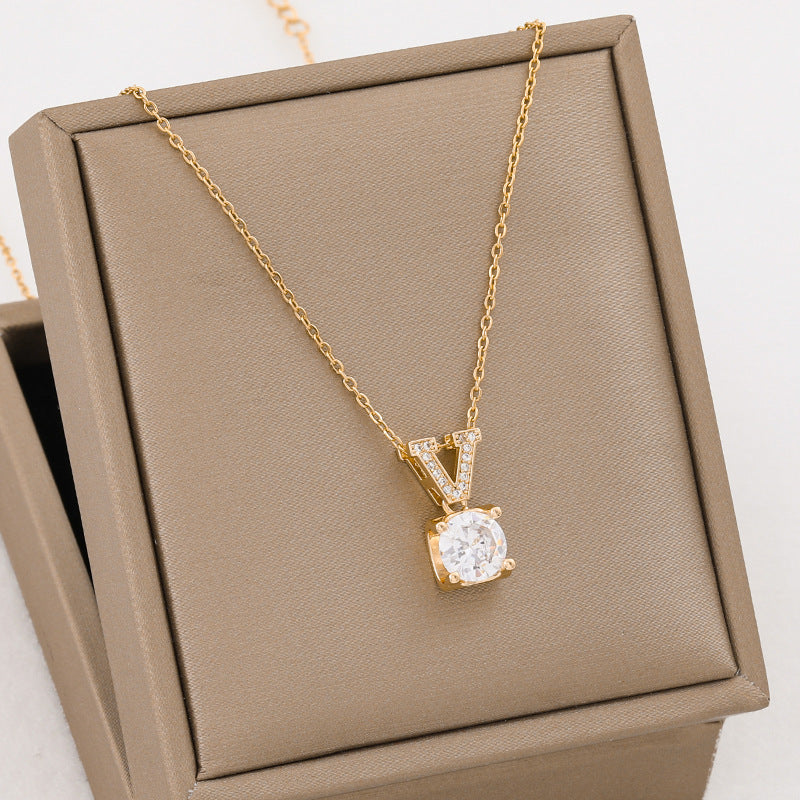 Minimalist Geometric Letter Pendant Necklace in Titanium Steel with Rhinestone Inlay and Plated Finish