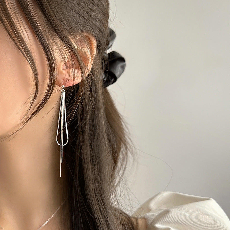 Minimalist Korean-Inspired Silver Snake Chain Earrings for Women with Geometric Beaded Accent and Polished 925 Sterling Silver Posts