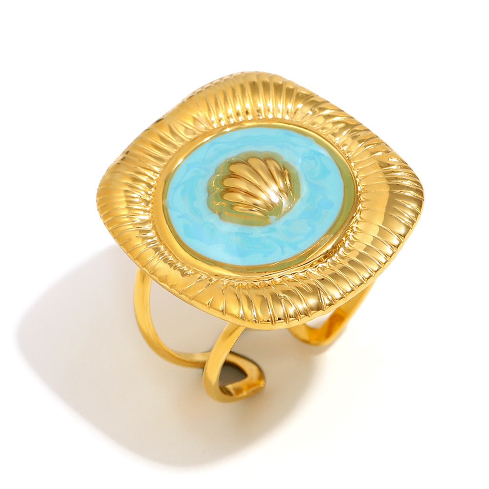 Vintage-Style Square Shell Stud Earrings and Open Ring Set in Stainless Steel with 18K Gold Plating and Enamel Finish for Women