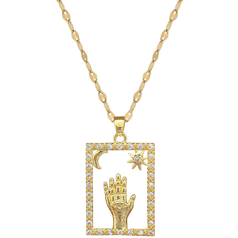 Collana pendente a luna geometrica minimalista in acciaio al titanio con accenti di strass per uomo e donna