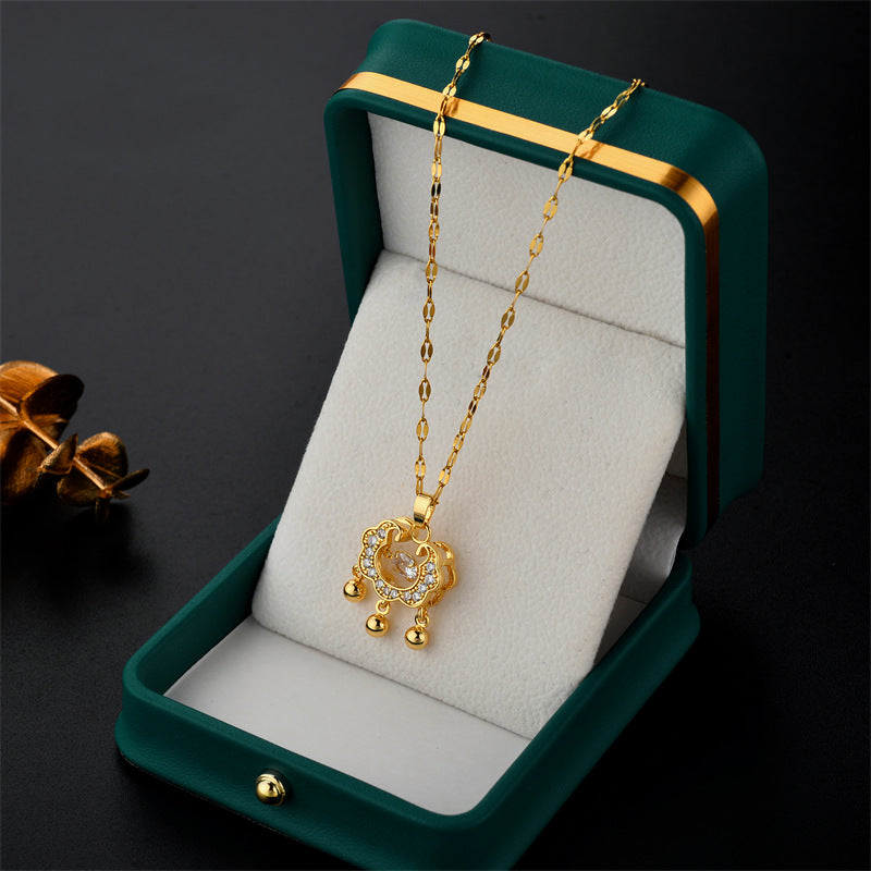 Geometric Longevity Lock Pendant Necklace in Titanium Steel with Gold Plating on Water Wave Chain