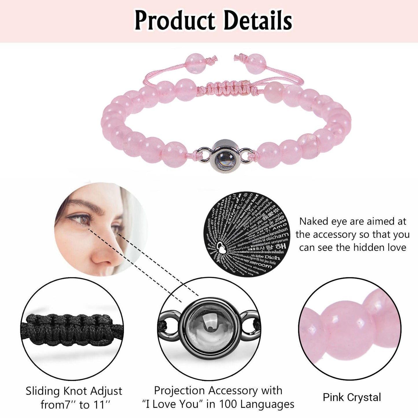 I Love You Projection Crystal Agate Bracelet Unisex Round Letter Charm