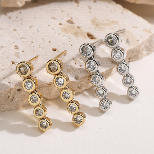 Minimalist 18K Gold Plated Brass Geometric Cubic Zirconia Inlay Long Drop Earrings for Women