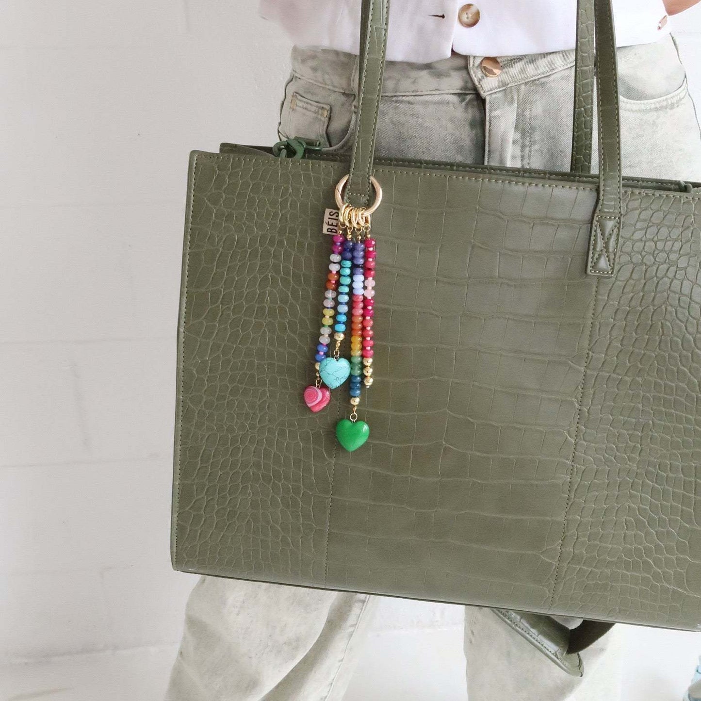 Sweet Heart Geometric Titanium Steel Plated Bag Charm Bar with Colorful Beads and Keychain