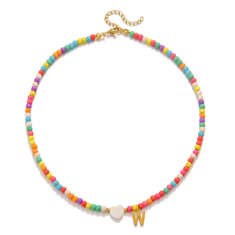 Fashion Stainless Steel Letter Heart Turquoise Charm Bar Necklace Cable Chain Unisex