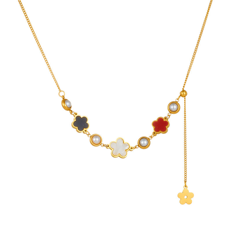 Fashion Office Stainless Steel Gold-plated Flower Pendant Necklace with Long Tassel Chain