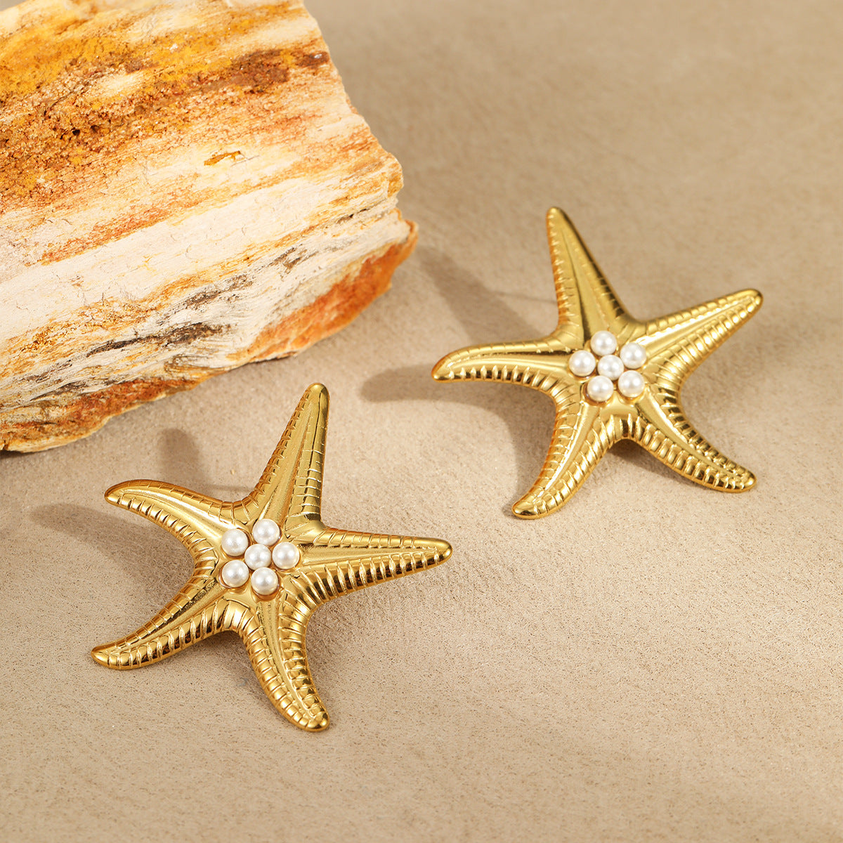 Conjunto de collar, anillo y pendientes de perlas con diseño de estrellas de mar, inspirados en el océano, de acero inoxidable con baño de oro para mujer
