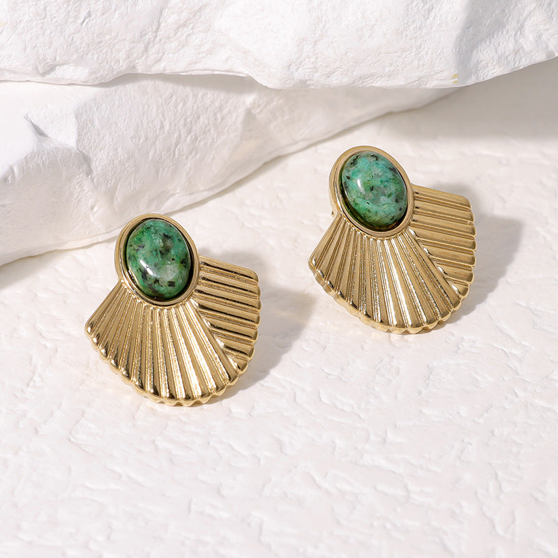 Orecchini a perno da donna in acciaio inossidabile placcato oro 18 carati con pietra naturale a forma di ventaglio, stile vintage francese geometrico