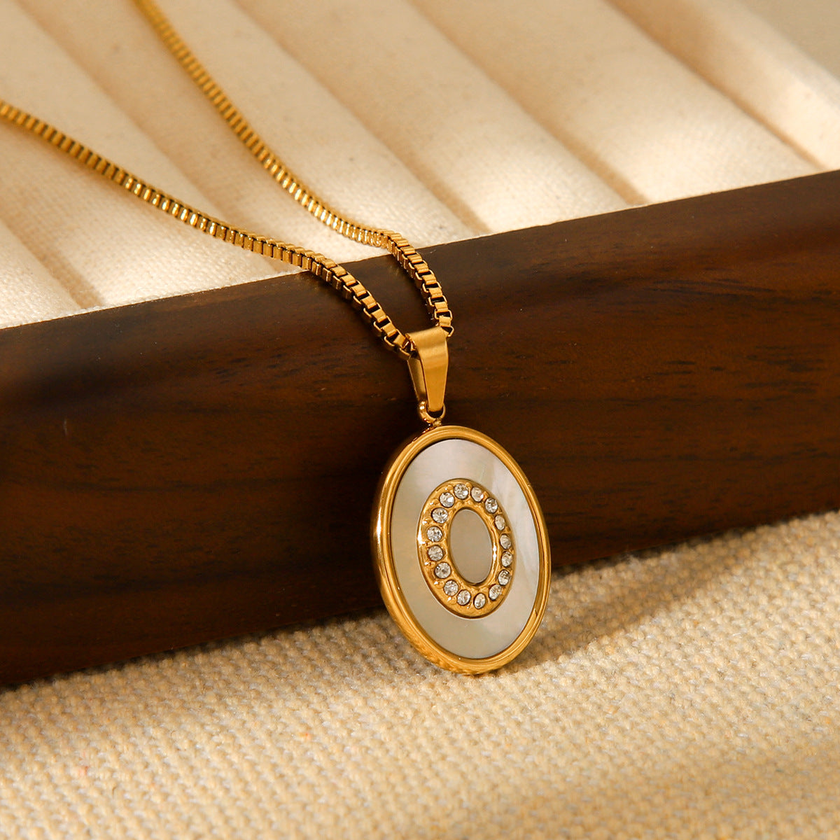 Trendy Geometric 18K Gold Plated Stainless Steel Necklace with White Mother of Pearl Inlay Box Chain