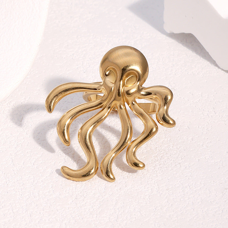 Minimalist 18K Gold Plated Stainless Steel Octopus Open Ring for Women