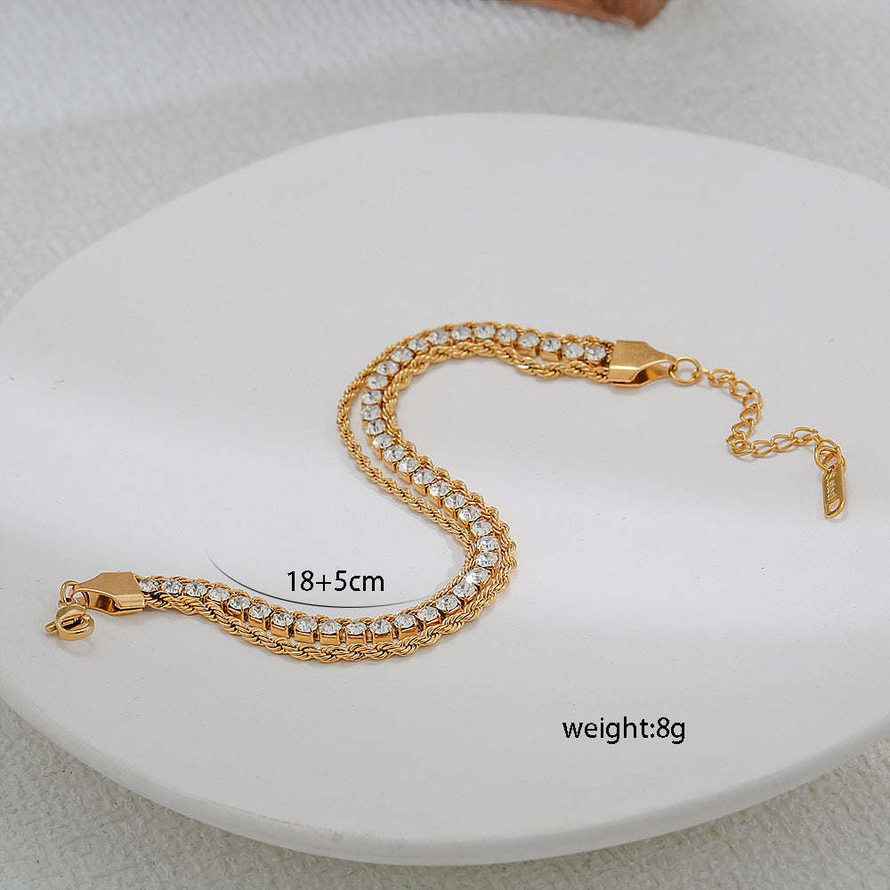 Bracciale da donna a catena con zirconi in acciaio al titanio placcato oro 18 carati, stile minimalista di lusso leggero