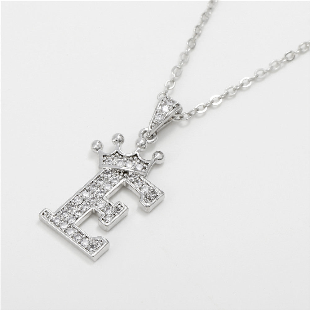 Minimalist Crown Letter Cubic Zirconia Micro-inlay Brass Necklace with Cable Chain