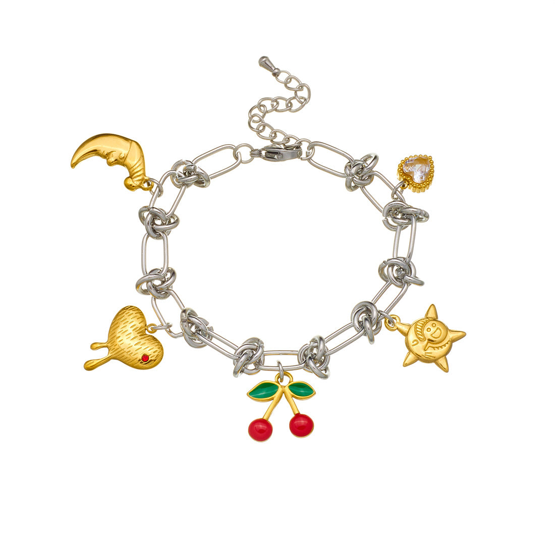 Sweet Gold Plated Drip Oil Square Star Heart Cherry Bear Stainless Steel Bracelet