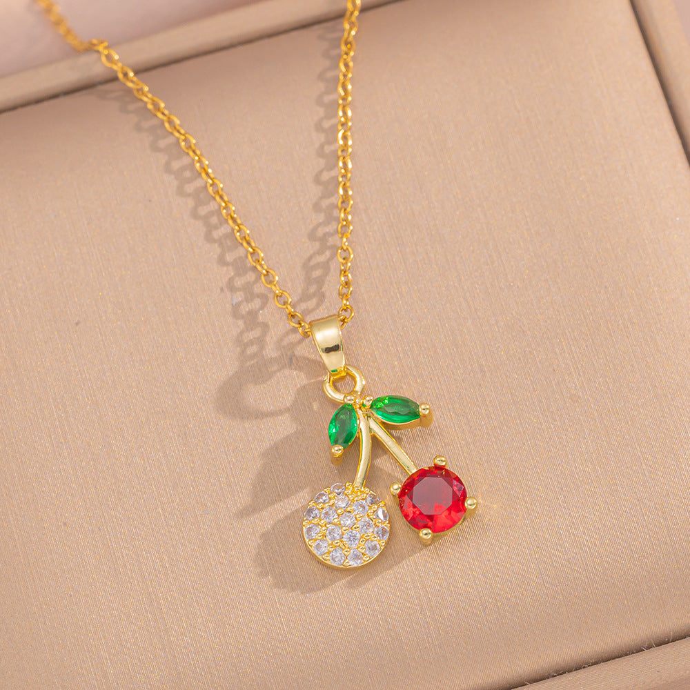 Cherry-Shaped Pendant Necklace Set for Women in Titanium Steel with Rhinestone Inlay and Plated Finish, O-Chain Design, Minimalist Luxury Style