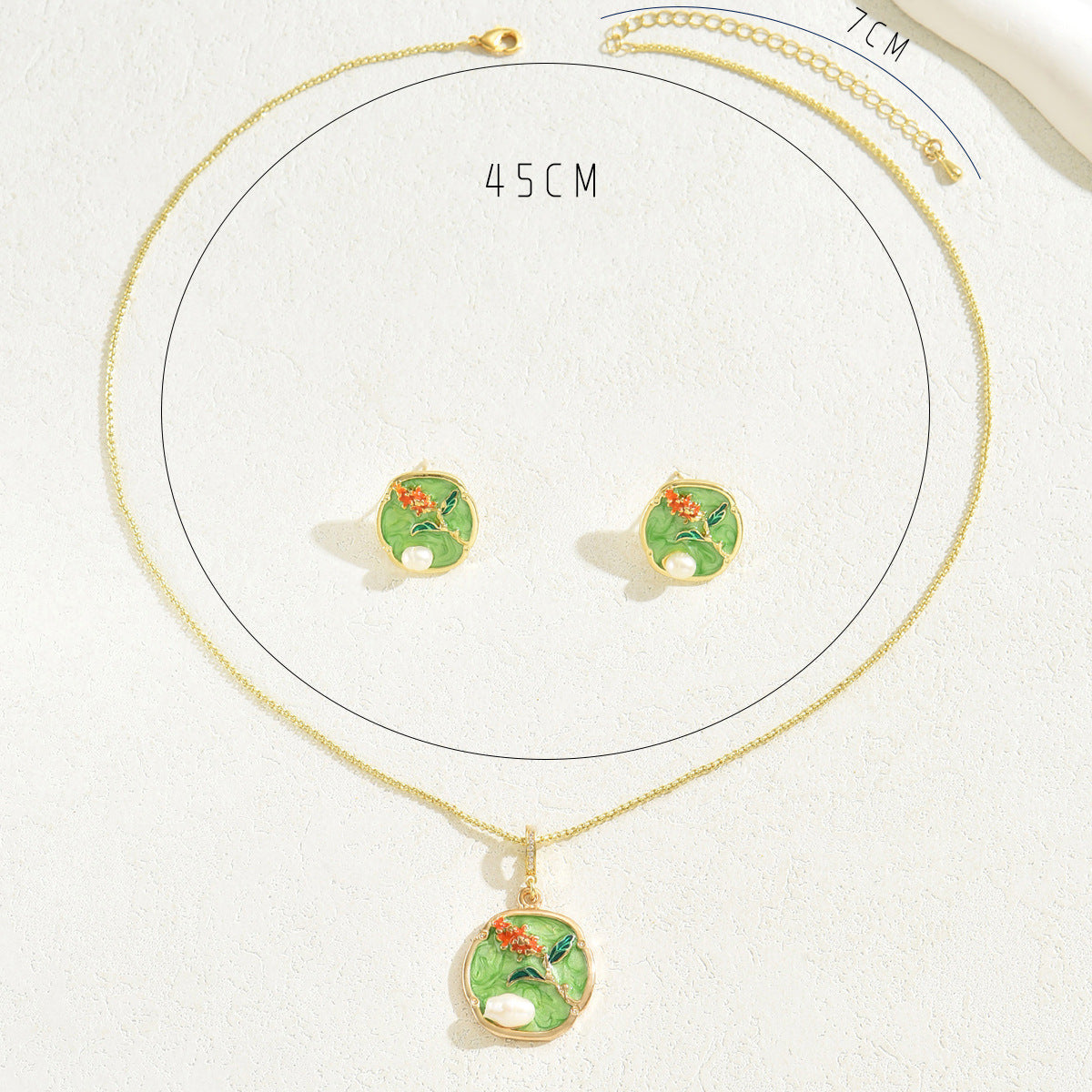 Collana con pendente e orecchini in stile rustico floreale da donna, in lega, smalto a goccia, con perle finte e catena per clavicola