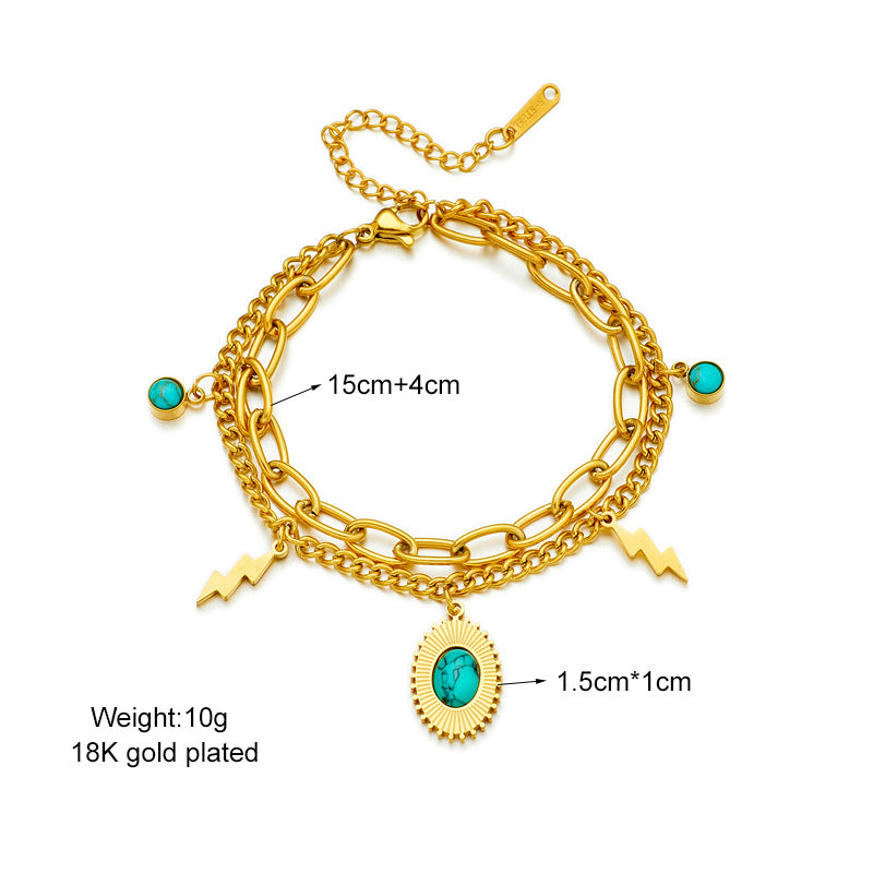 Bracciale da donna vintage minimalista a doppio strato in acciaio al titanio con turchese ovale e fulmine