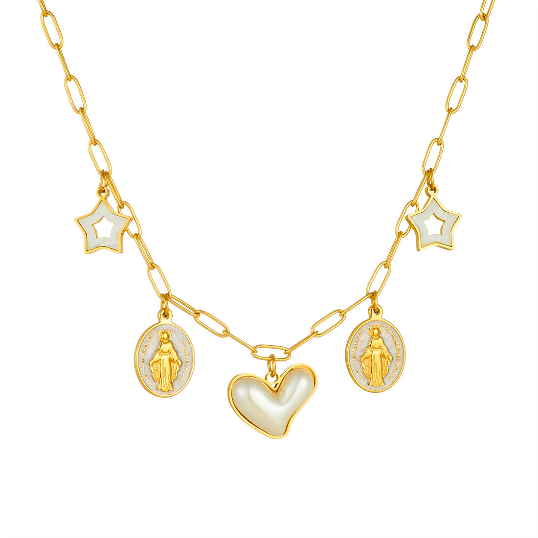 Vintage Luxury Gold Plated Stainless Steel Necklace with Round Heart Star Pearl Pendant for Women