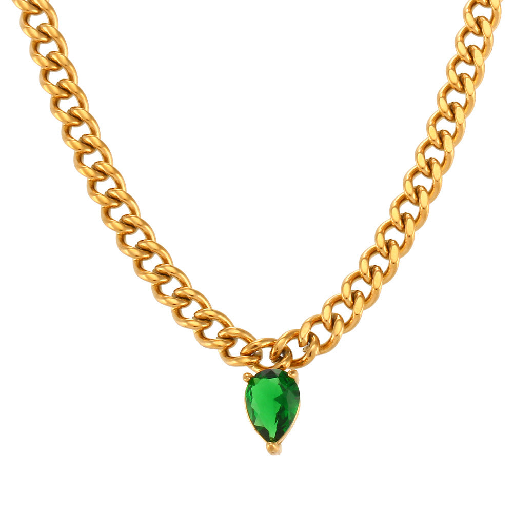 Fashionable Geometric Cubic Zirconia Pendant Necklace for Women on Stainless Steel Cuban Chain with Plated Finish