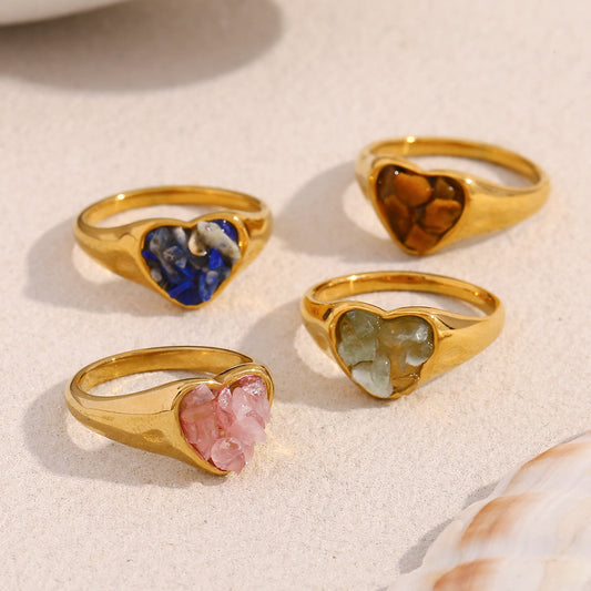 Vintage-Inspired Heart-Shaped Stainless Steel Ring with 18K Gold Plating and White Jade Rhinestone Accents for Women