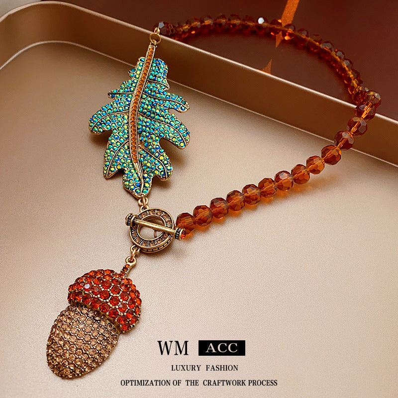 Vintage Style Leaf and Pinecone Pendant Necklace for Women Alloy Metal Plated Clavicle Chain with Geometric Design