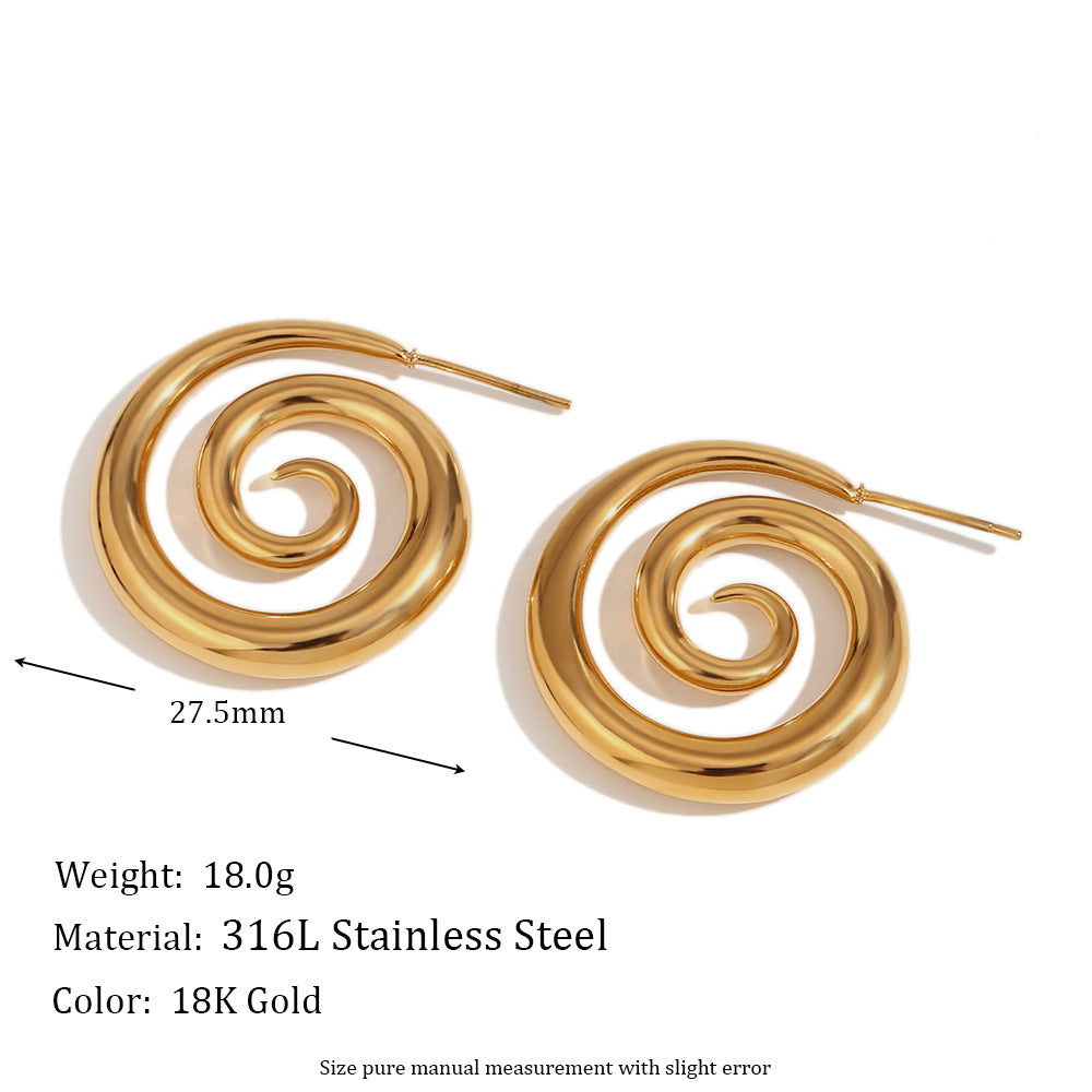 Minimalist Geometric Stainless Steel Ear Studs with 18K Gold Plating and Smoky Spiral Design for Women