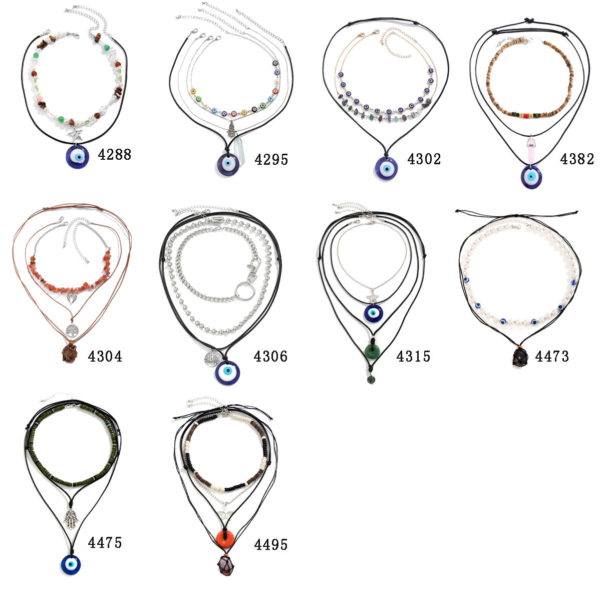 Y2K Blue Evil Eye Geometric Alloy Pendant Beaded Wax Cord Necklace for Women