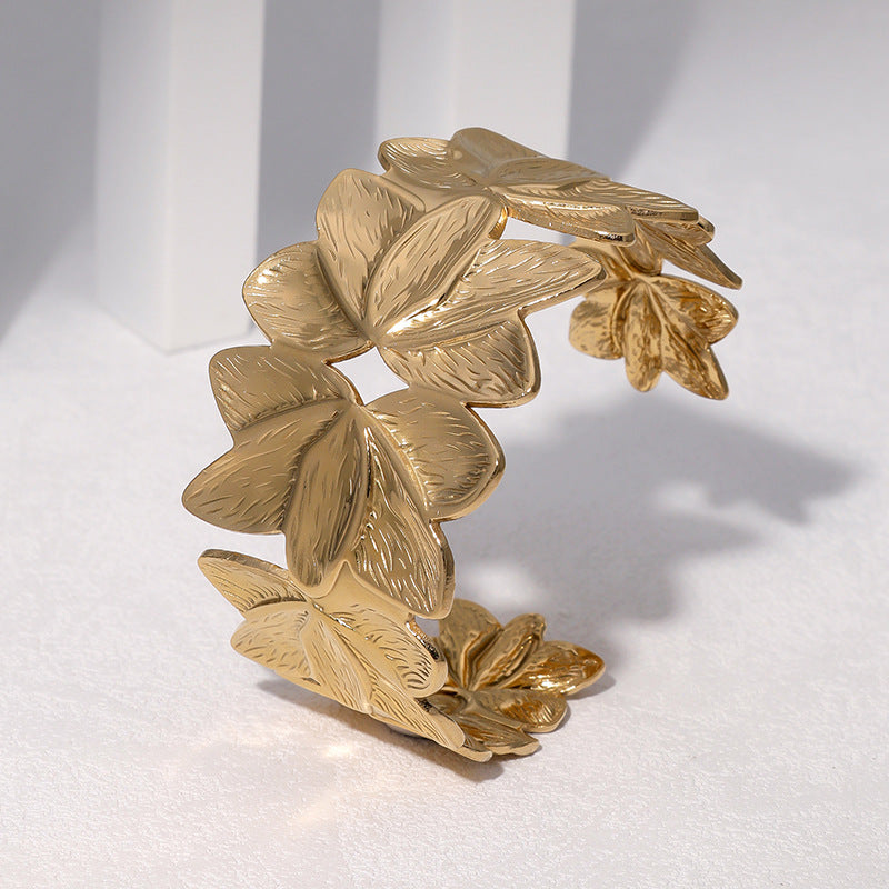 Minimalist 18K Gold Plated Stainless Steel Petal Open Cuff Bracelet for Women Adjustable