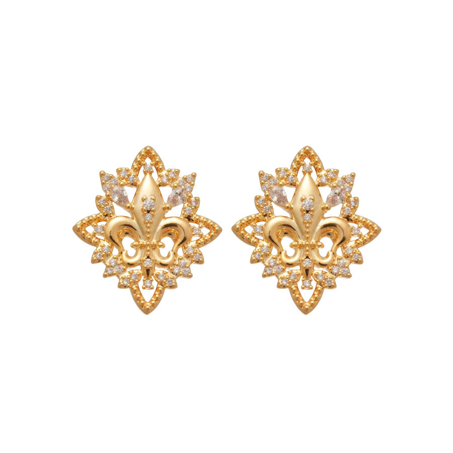 Pendientes de Cobre con Forma de Flor de Iris Vintage con Incrustaciones de Diamantes de Imitación y Postes de Acero Inoxidable para Mujer