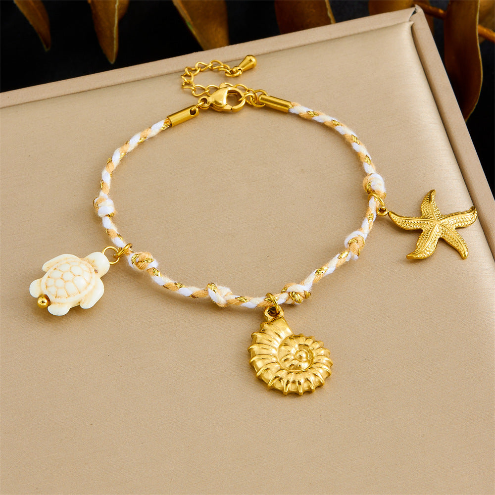 Bohemian Vintage Gold Plated Stainless Steel Rope Chain Necklace and Bracelet Set with Animal Pendant