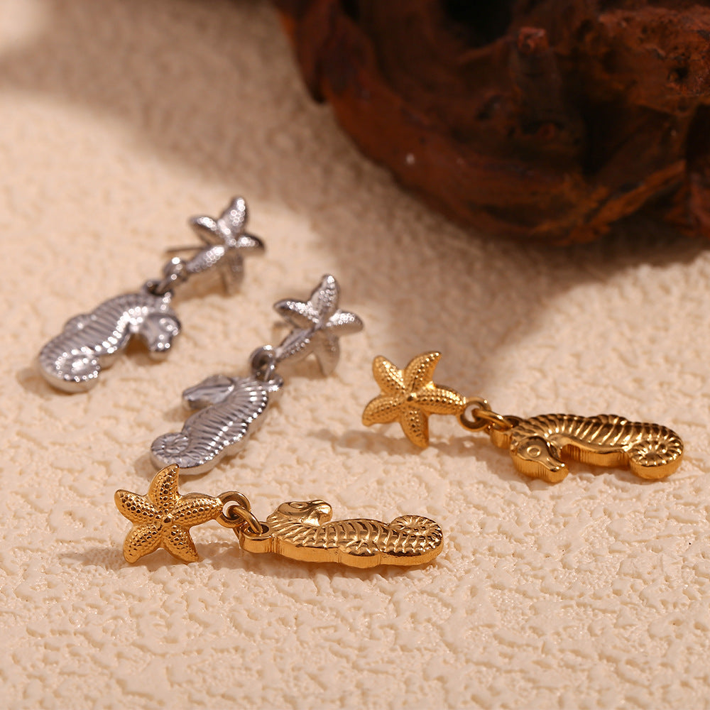 Fashionable Vintage Starfish and Seahorse Stud Earrings for Women in Stainless Steel with 18K Gold Plating