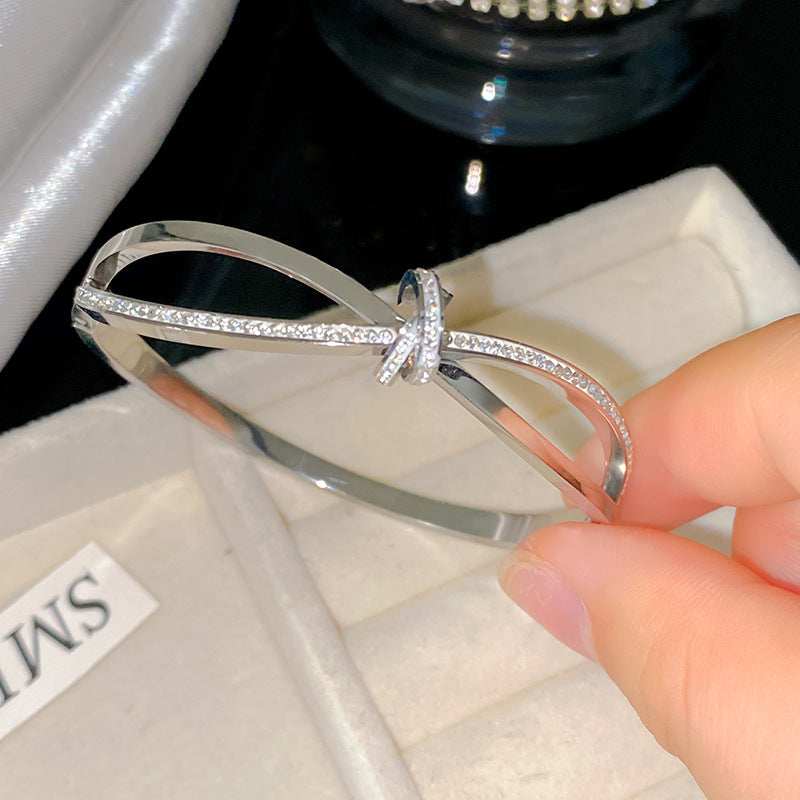 Four-Leaf Clover Hollow Roman Numeral Open Cuff Titanium Steel Bracelet
