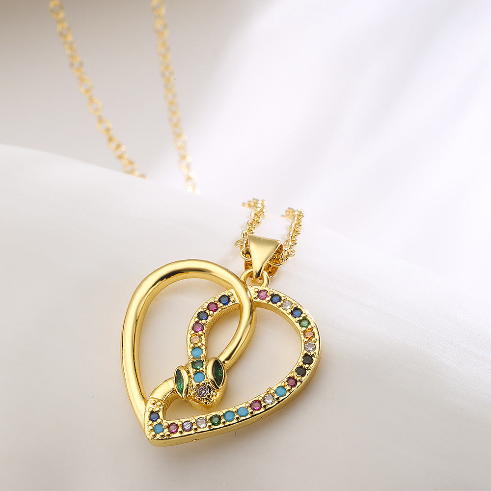 INS Style Geometric Heart Eye Snake Pendant Necklace in Copper with 18K Gold Plating and Micro-Pave Zirconia