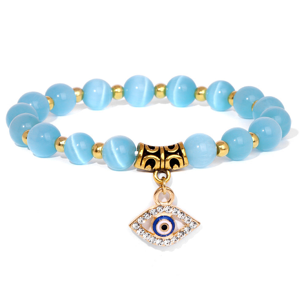 Vintage Minimalist Geometric Agate Beaded Bracelet with Evil Eye Pendant Unisex Jewelry