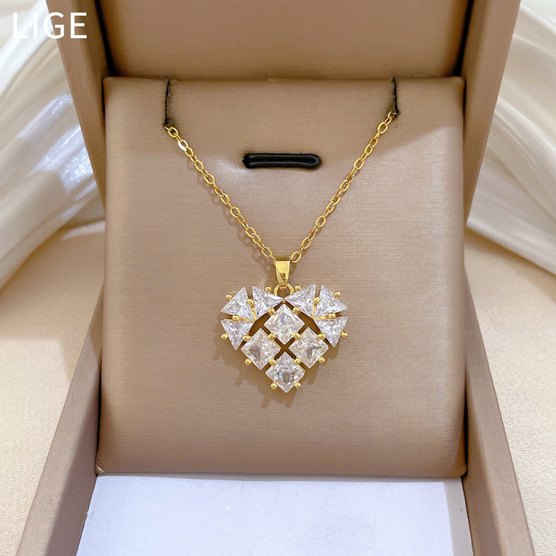 Sweet Minimalist Heart Geometric Rhinestone Titanium Steel Necklace Unisex Cable Chain