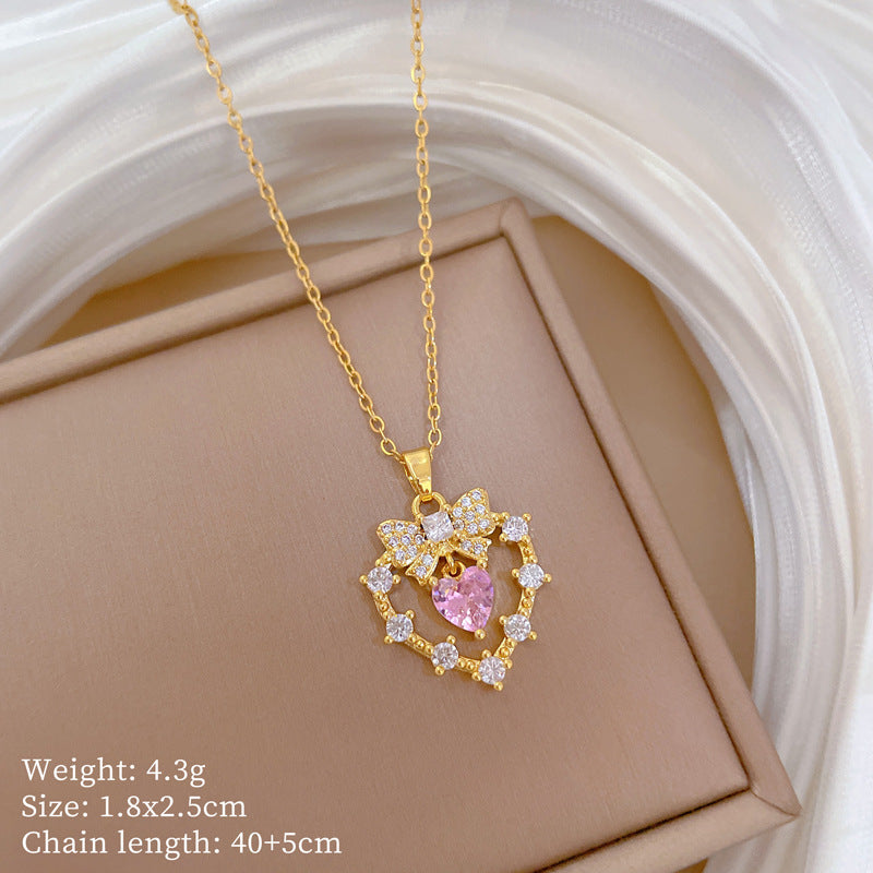 Geometric Minimalist Titanium Steel Lip Chain Necklace with Copper Pendant and Rhinestone Inlay