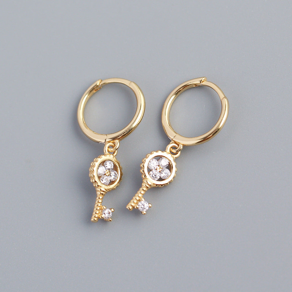 Sweet 925 Sterling Silver Clover Key Hoop Earrings with Rhinestone Inlay