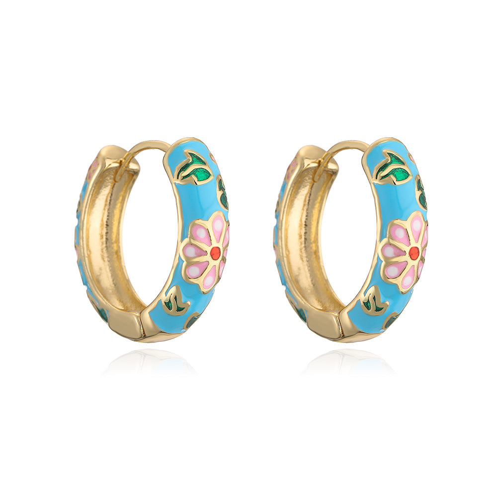 Minimalist Geometric Copper Hoop Earrings with 18K Gold Plating and Floral Enamel Accents for Women