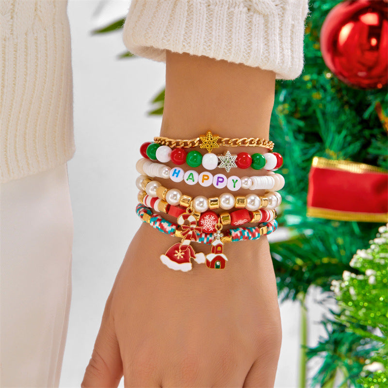 Handmade Christmas Style Beaded Bracelet Set with Alphabet Charms and Polymer Clay Beads in Alloy for Unisex Wear