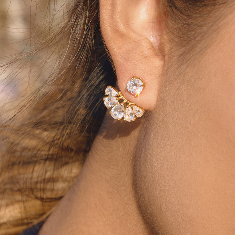 Elegant Geometric Fan Shape Cubic Zirconia Inlay PVD Stainless Steel Earrings for Women
