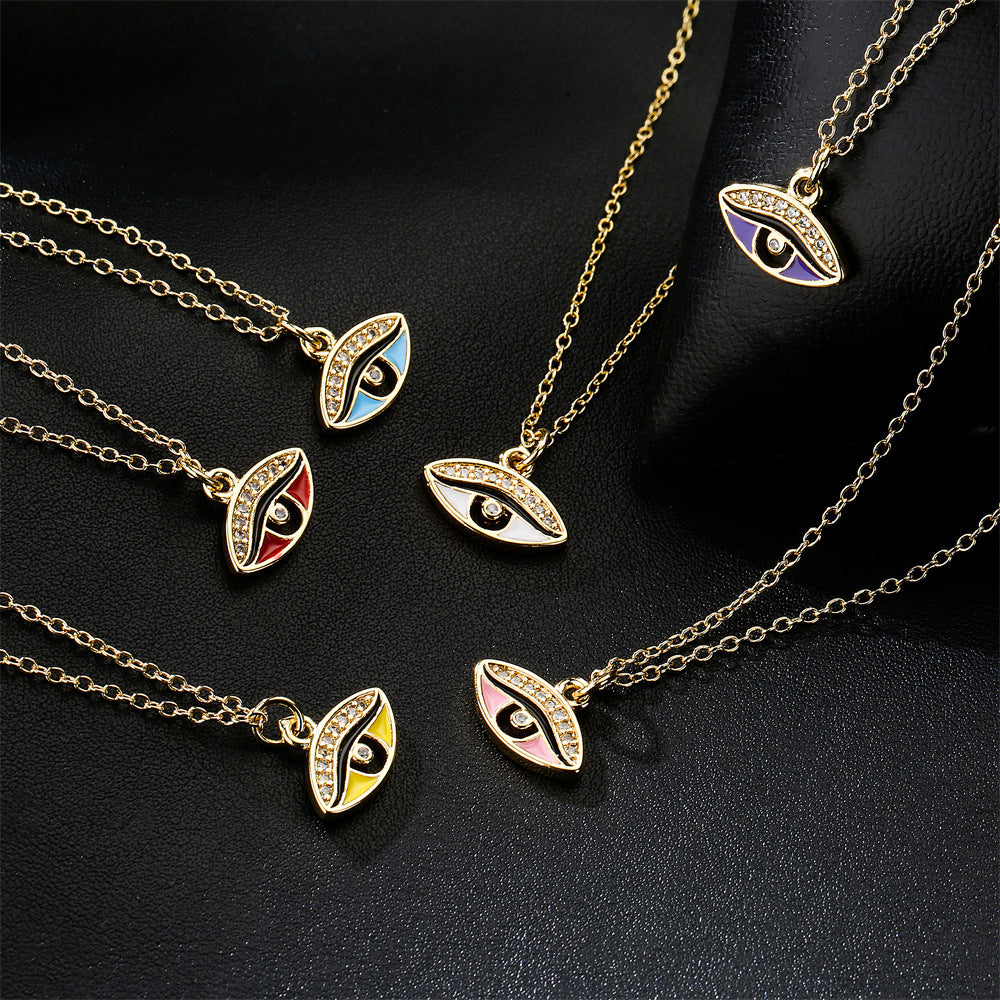 Geometric Drip Oil Brass Gold Plated Cubic Zirconia Eye Pendant Necklace for Women