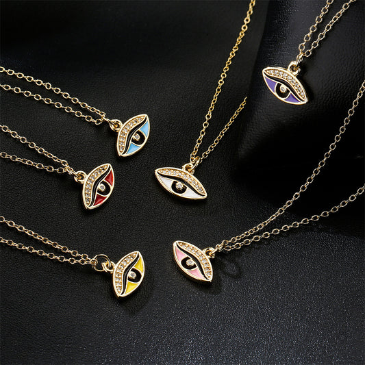 Geometric Drip Oil Brass Gold Plated Cubic Zirconia Eye Pendant Necklace for Women