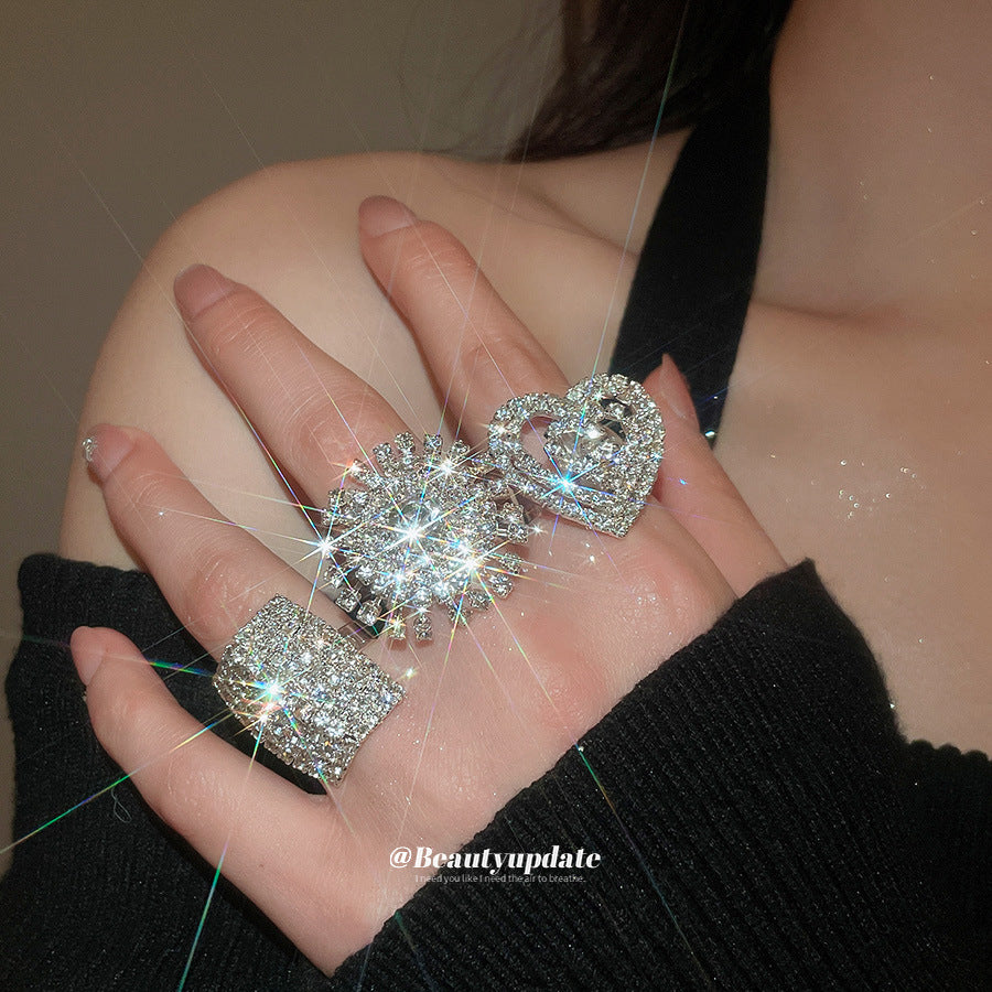 Anello da Donna Aperto Quadrato Geometrico alla Moda con Strass Intarsiato in Acciaio al Titanio, Anello da Dito Lussuoso Minimalista