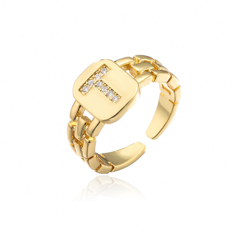 Minimalist Letter Shape Copper Ring with Micro-Pavé Setting Adjustable Geometric Band
