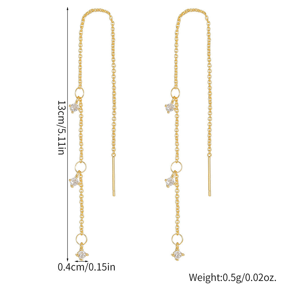 Luxury Gold Plated Brass Geometric Round Cubic Zirconia Long Tassel Drop Earrings for Women