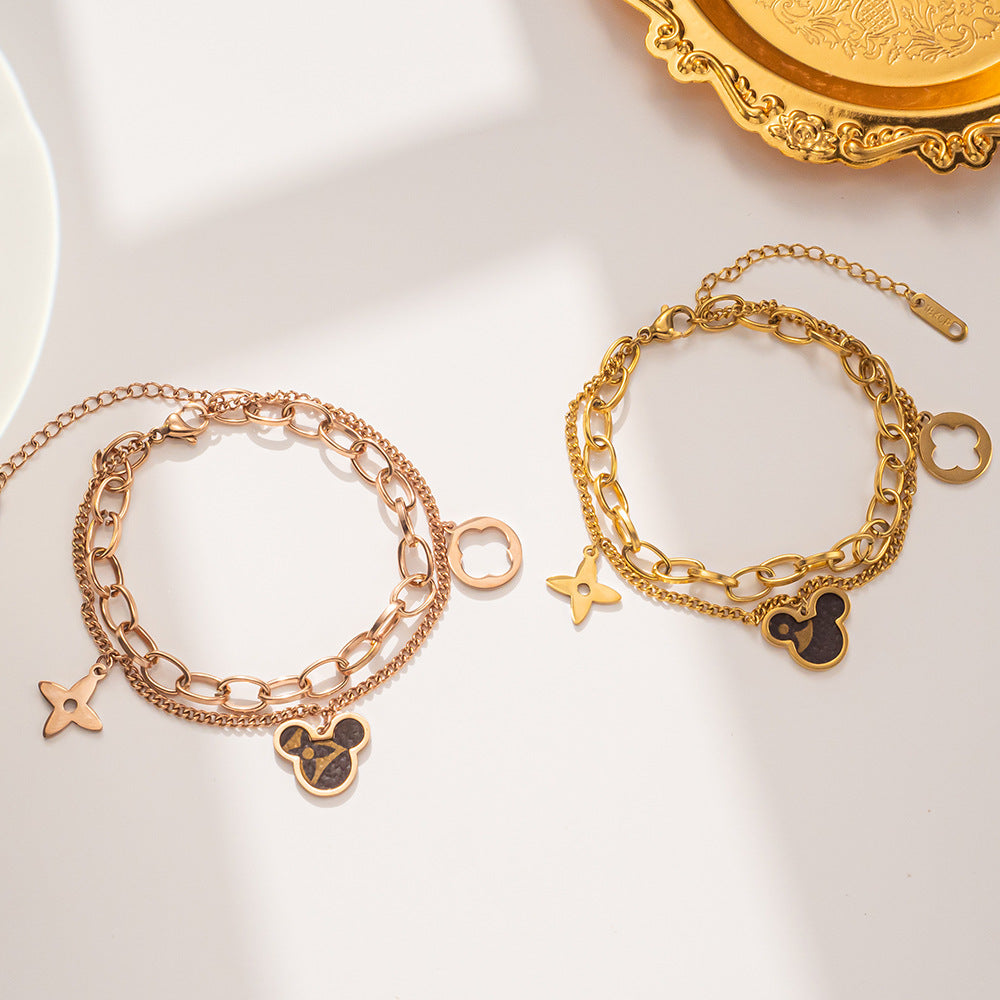 Pulsera de Doble Capa de Acero de Titanio Minimalista con Diseño de Mickey Mouse de Dibujos Animados para Mujer con Acabado Chapado